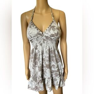 Papaya Y2K Gray Skater Grunge Hippie Grommet Floral Ruffle Mini Halter Top Dress